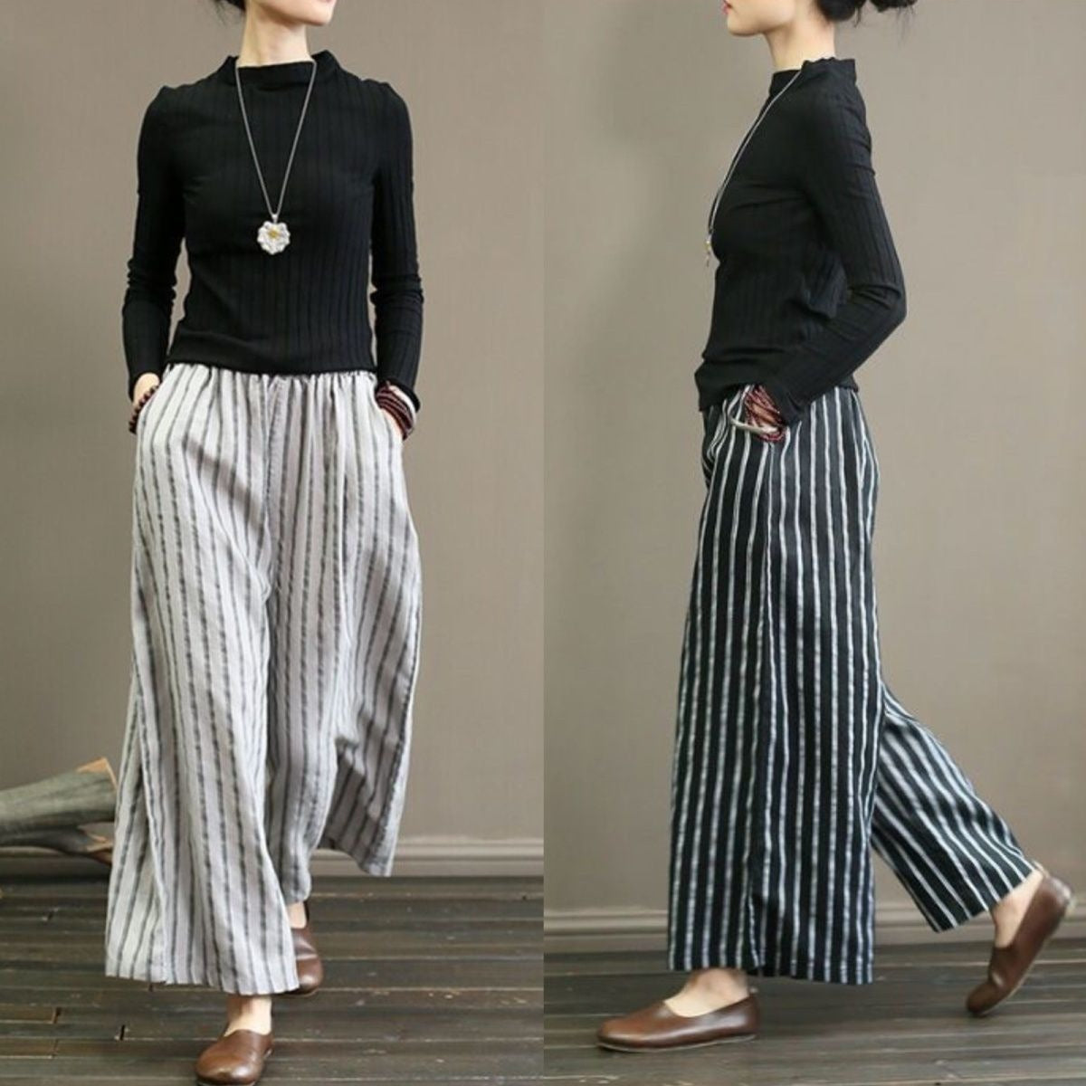 Damenmode: Weite gestreifte Hosen mit elastischem Bund, kombiniert mit schwarzem Langarmshirt. Bequem und stilvoll für Freizeit und Alltag.