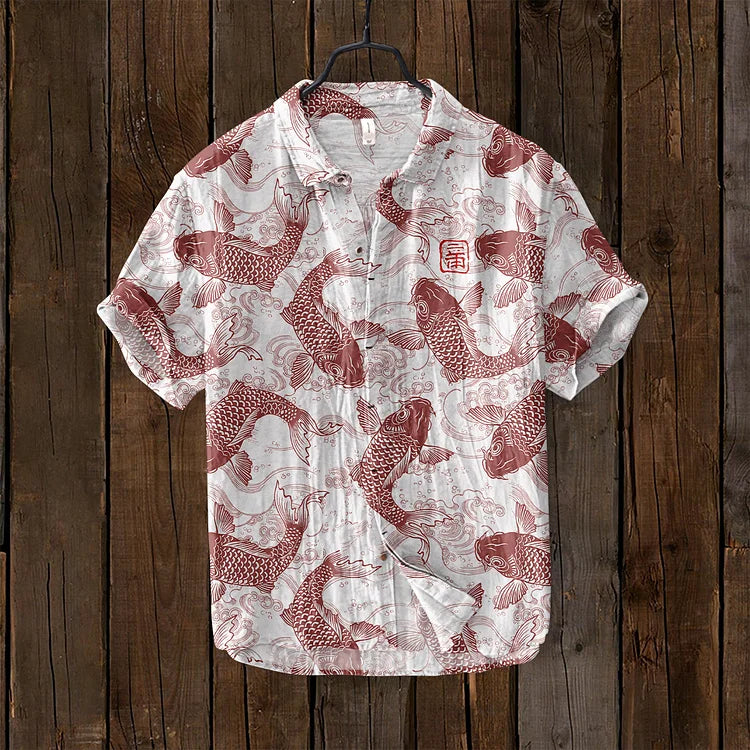 Herrenhemd mit Koi-Muster, weiß und rot, Kurzarm, Baumwolle, asiatisches Design, Freizeitmode.