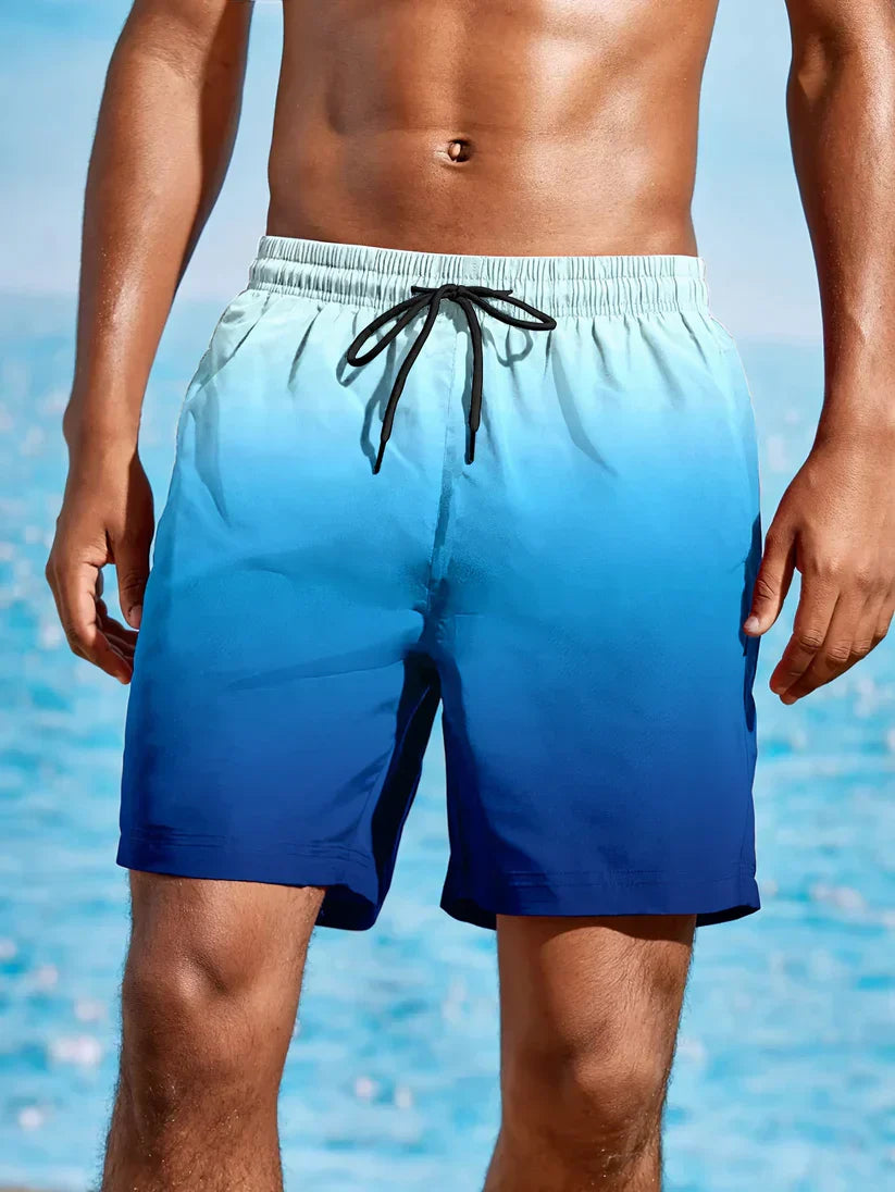 Herren Badeshorts blau-weiß Ombre, Kordelzug, Strandmode, Sommerbekleidung, schnelltrocknend.
