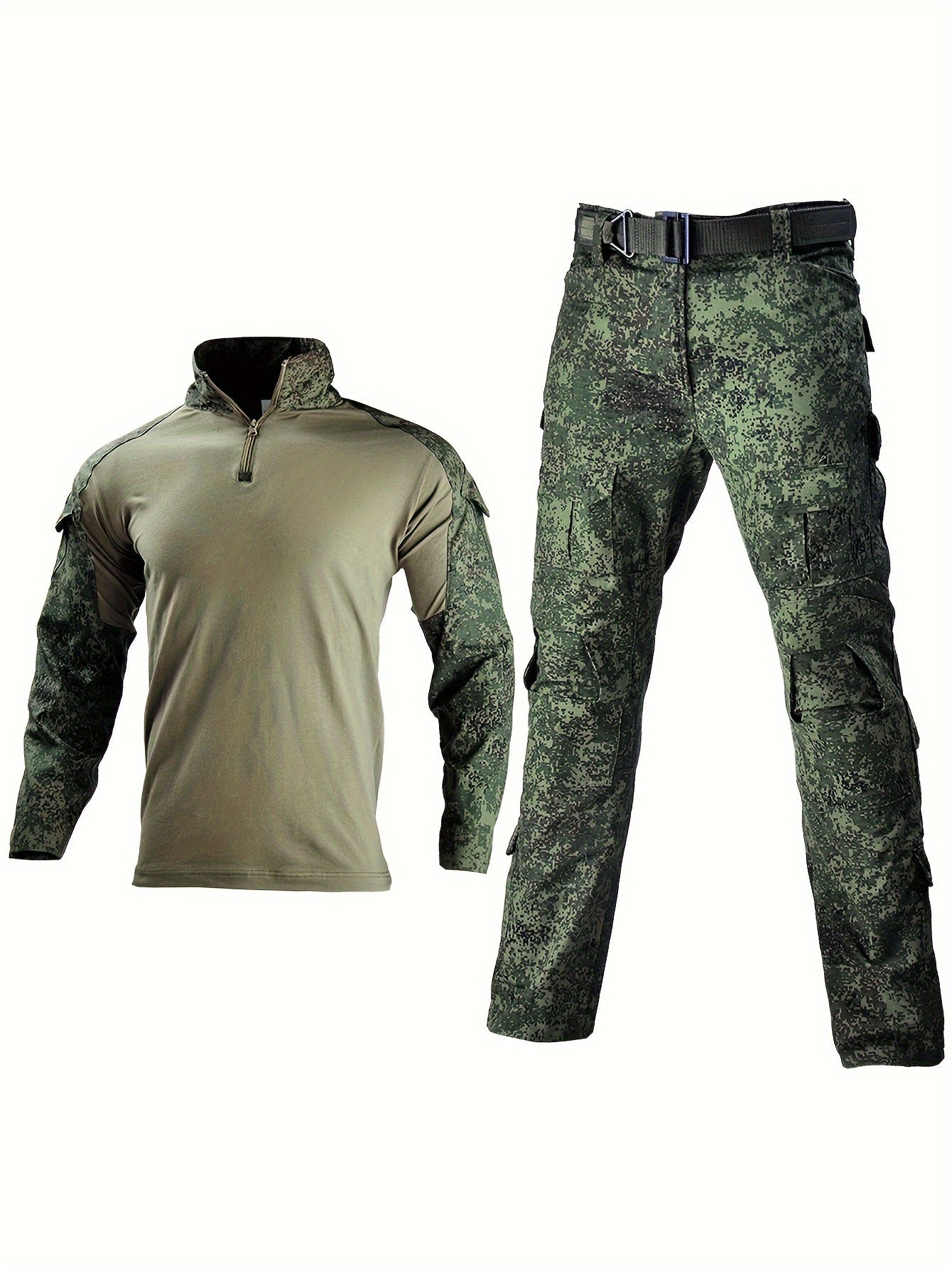 Taktische Outdoor-Kleidung: Camouflage-Hose und olivgrünes Langarmshirt, ideal für Jagd, Wandern und Survival. Robuste Materialien, hoher Komfort.