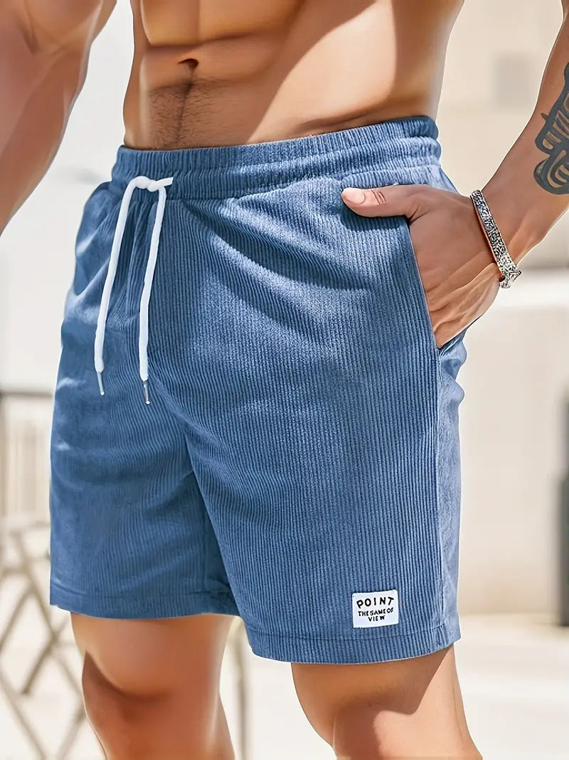 Blau gestreifte Herren-Badeshorts mit Kordelzug, lässig, Sommermode, Strandbekleidung.