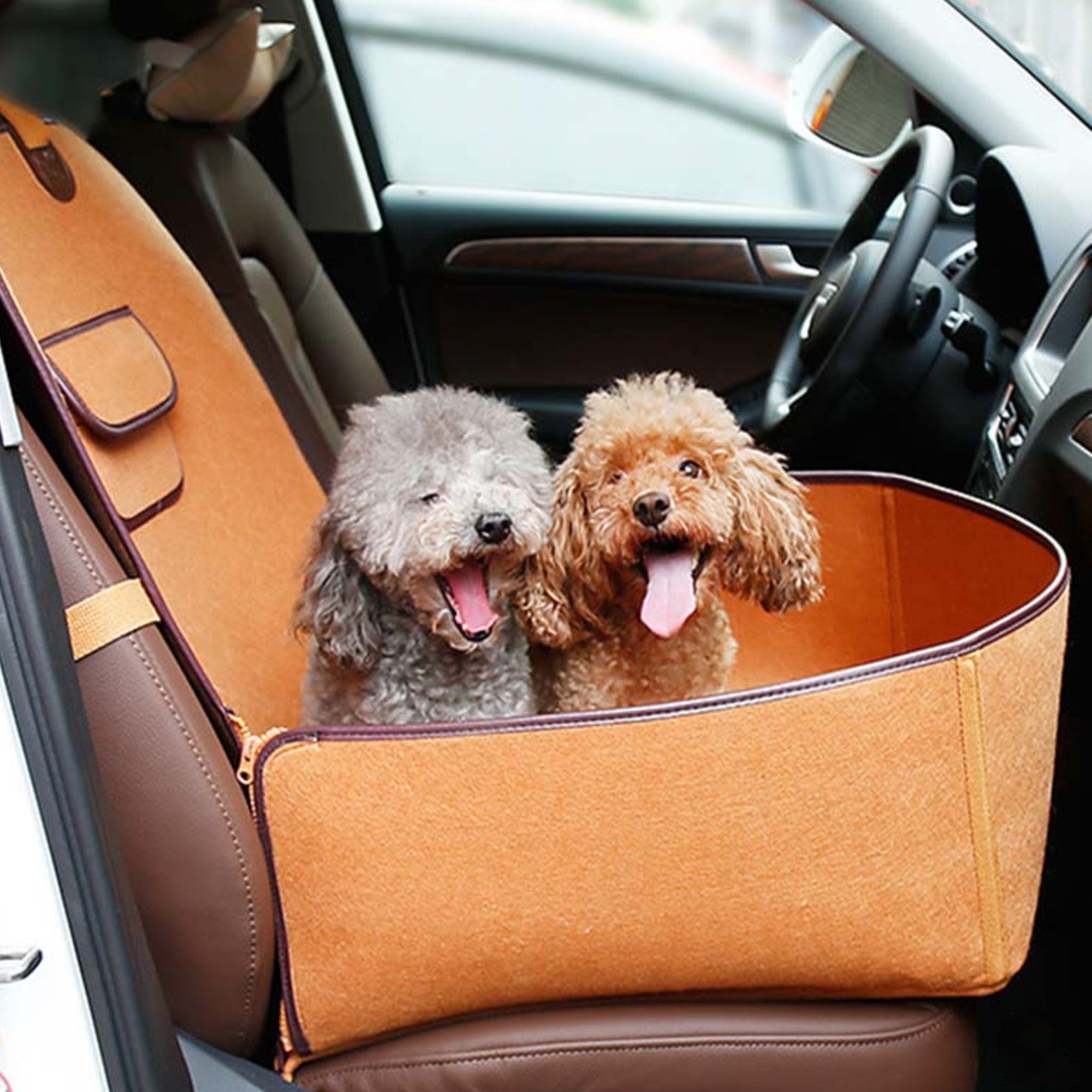 Filz-Hundesitzbezug Auto, braun, mit zwei Hunden, schützt Autositze, langlebig, waschbar.