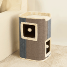 Katzenhaus aus Stoff, beige und blau, mit Spielzeug, idealer Kratzbaum für Katzen.