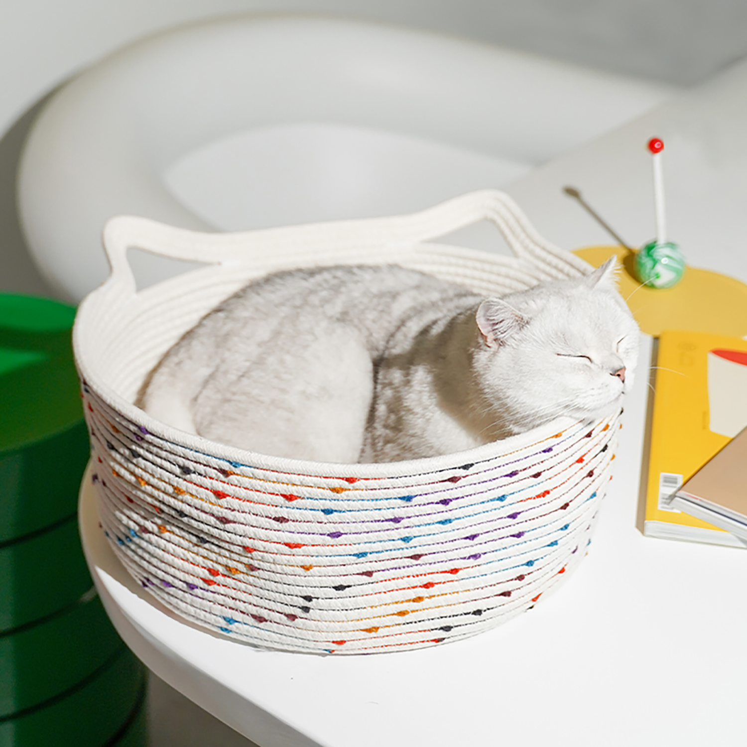 Weiße Katze schläft in geflochtenem Katzenbett aus Baumwolle auf Tisch, bunte Akzente.