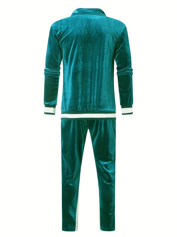 Grüner Samt-Trainingsanzug für Herren, zweiteilig, bequem, modisch, Freizeitkleidung.