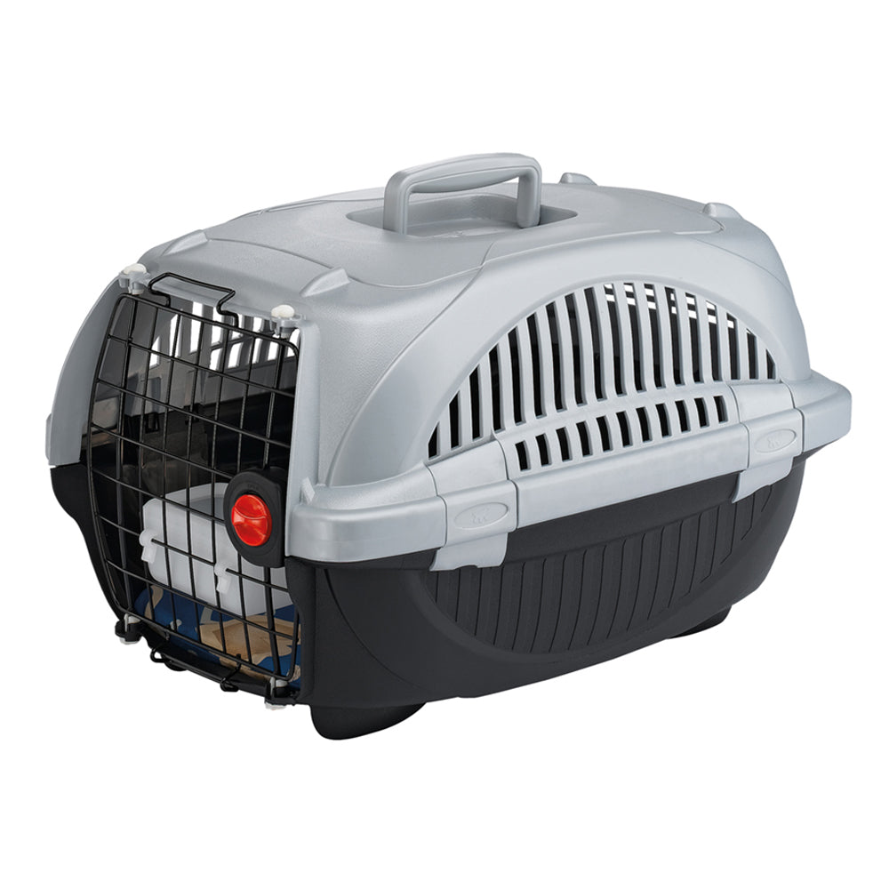 Transportbox für Haustiere, robust und sicher, ideal für Katzen und kleine Hunde. Belüftungsschlitze, Tragegriff, Metalltür. Perfekt für Reisen.