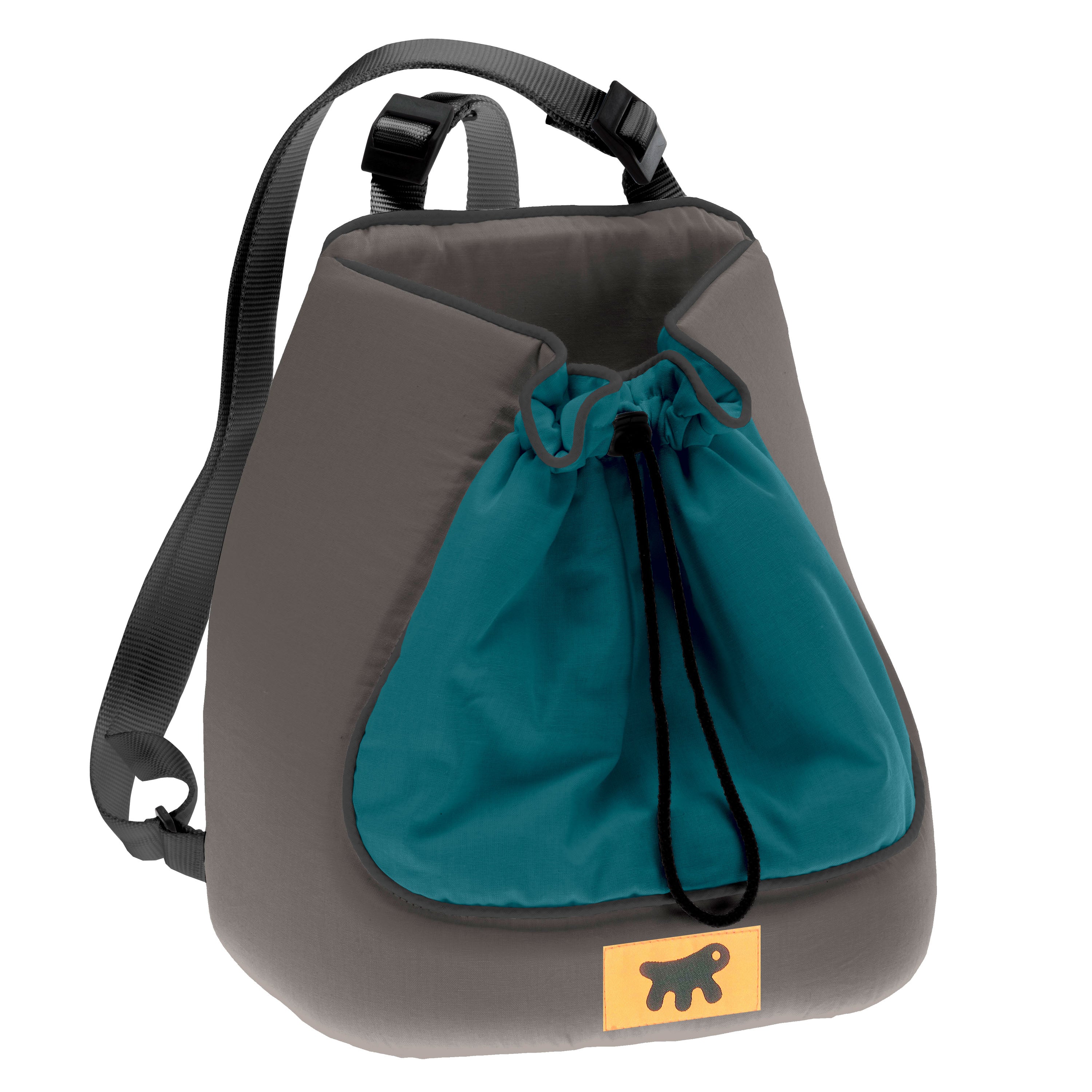 Grauer und türkisfarbener Rucksack mit Kordelzug, ideal für Outdoor-Aktivitäten. Robustes Design, verstellbare Träger, praktischer Stauraum.