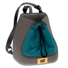Moderner Rucksack mit Kordelzug, graues und türkisfarbenes Design, ideal für Outdoor-Aktivitäten. Leicht, stilvoll und funktional.