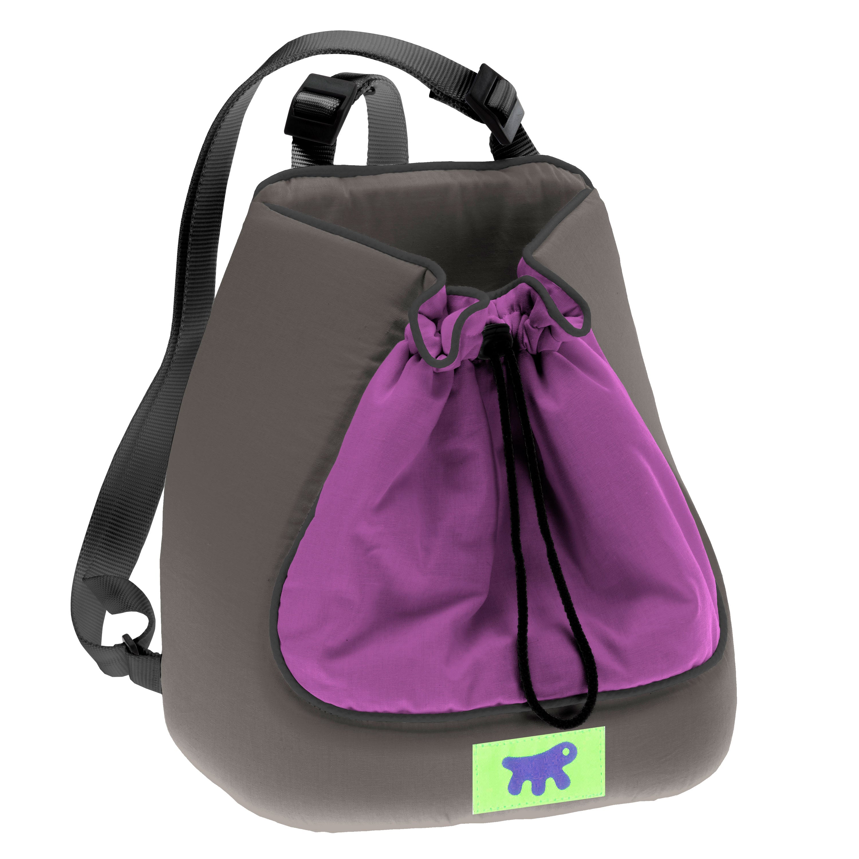 Grauer Rucksack mit lila Kordelzug, ideal für Outdoor-Aktivitäten. Robustes Design, verstellbare Träger, perfekter Begleiter für Reisen und Sport.