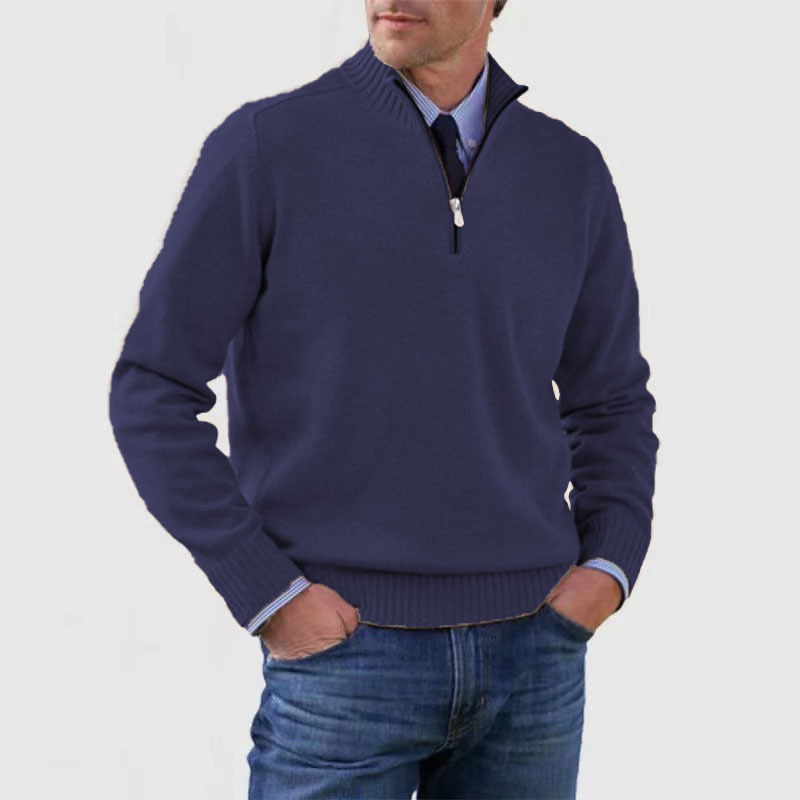 Herrenpullover mit Reißverschluss, dunkelblau, aus Baumwolle, ideal für Herbstmode. Bequemer, stilvoller Strickpullover für Freizeit und Büro.