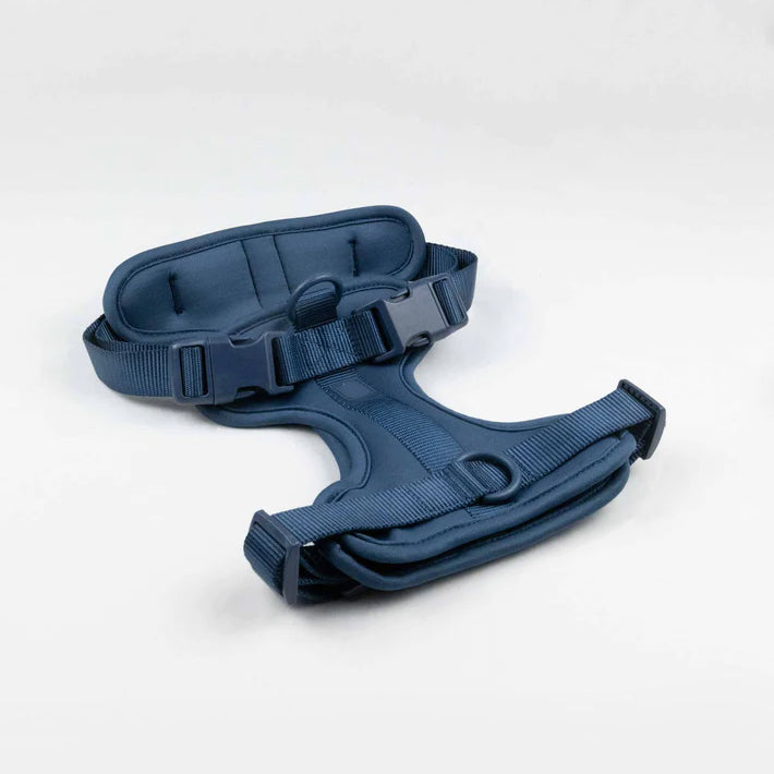 Ergonomischer blauer Babytragegurt, verstellbar und gepolstert, ideal für komfortables Tragen. Perfekt für Eltern, die Mobilität schätzen.