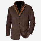 Brauner Herren-Wildlederblazer mit Lederkragen, eleganter Freizeitstil, modische Herrenbekleidung.