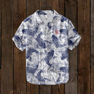 Herrenhemd mit Koi-Muster, blau-weiß, Baumwolle, kurzärmelig, japanisches Design.