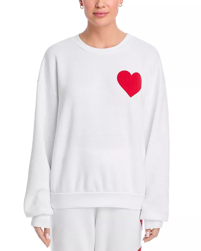 Weiße Damen-Sweatshirt mit rotem Herzmotiv, Baumwolle, lässig, modisch, bequem.