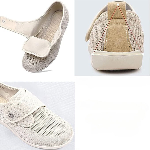 Bequeme, atmungsaktive orthopädische Schuhe für Damen, beige, mit Klettverschluss und rutschfester Sohle. Ideal für Fußgesundheit und Komfort.