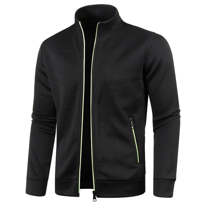 Schwarze Herren-Sweatjacke mit Reißverschluss, Stehkragen und Taschen. Modische Freizeitkleidung, ideal für Herbst und Winter.