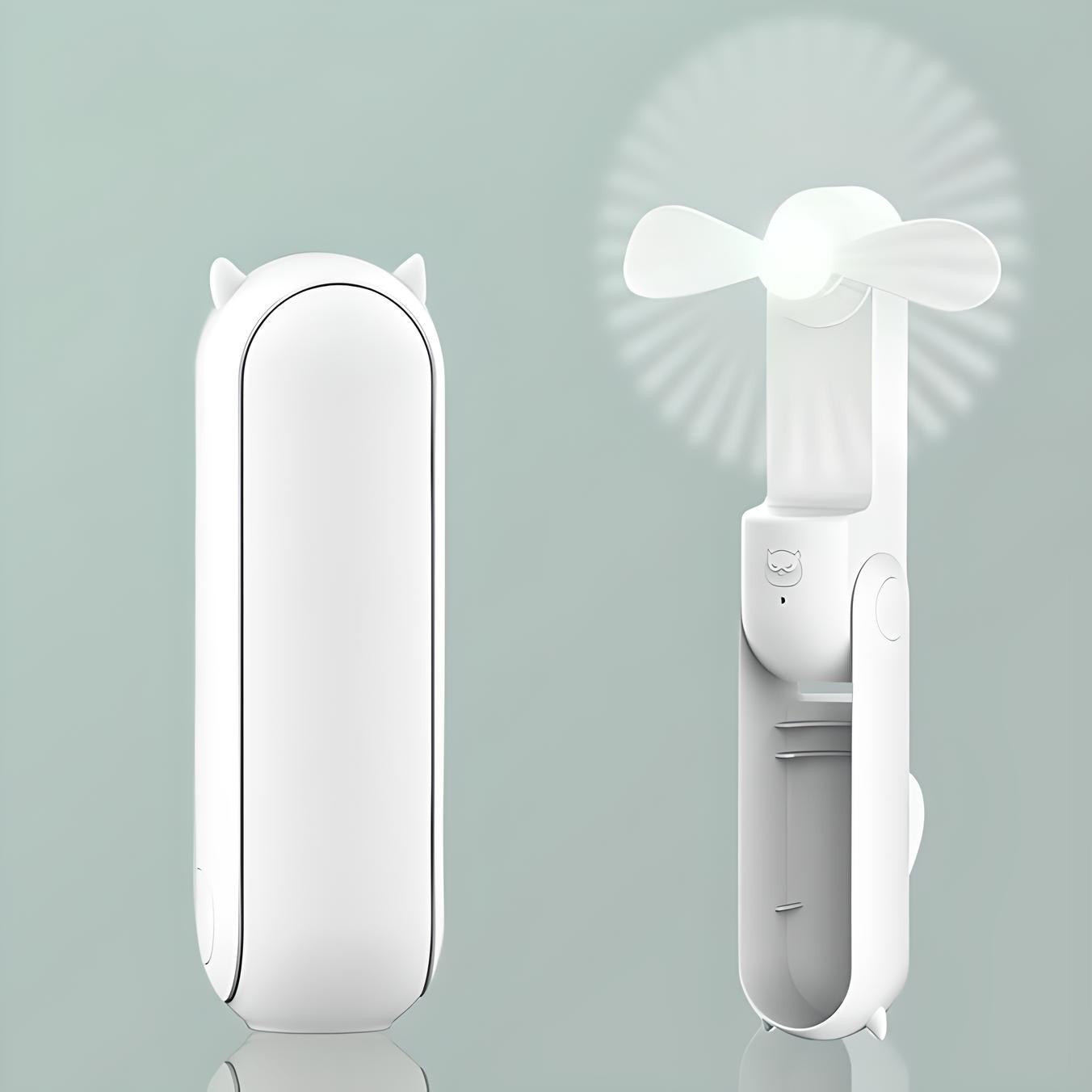 Weißer tragbarer Mini-Ventilator mit Tierohren, USB-aufladbar, kompakt und faltbar.