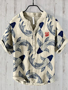 Herrenhemd mit Karpfenmuster, beige, Baumwolle, Kurzarm, Knopfleiste, asiatisches Design.