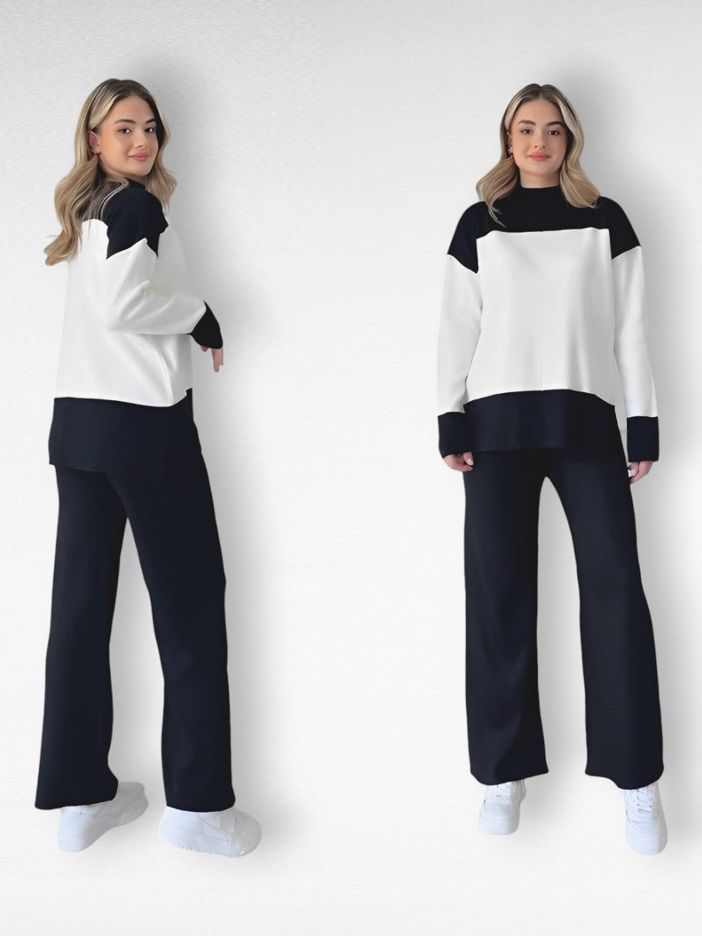 Damen-Outfit: Schwarz-weißes Colorblock-Set mit Pullover und Hose, ideal für Freizeitmode. Trendige Damenbekleidung, bequem und stilvoll.