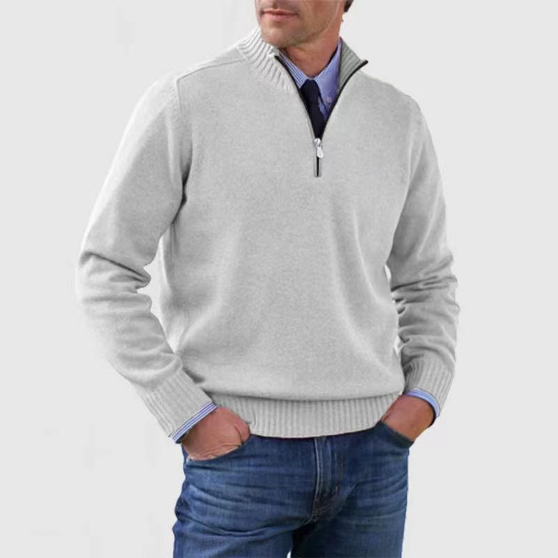 Herrenpullover mit Reißverschluss, grau, aus Baumwolle. Stilvoller Strickpullover für Freizeit und Büro. Perfekt für Herbst und Wintermode.