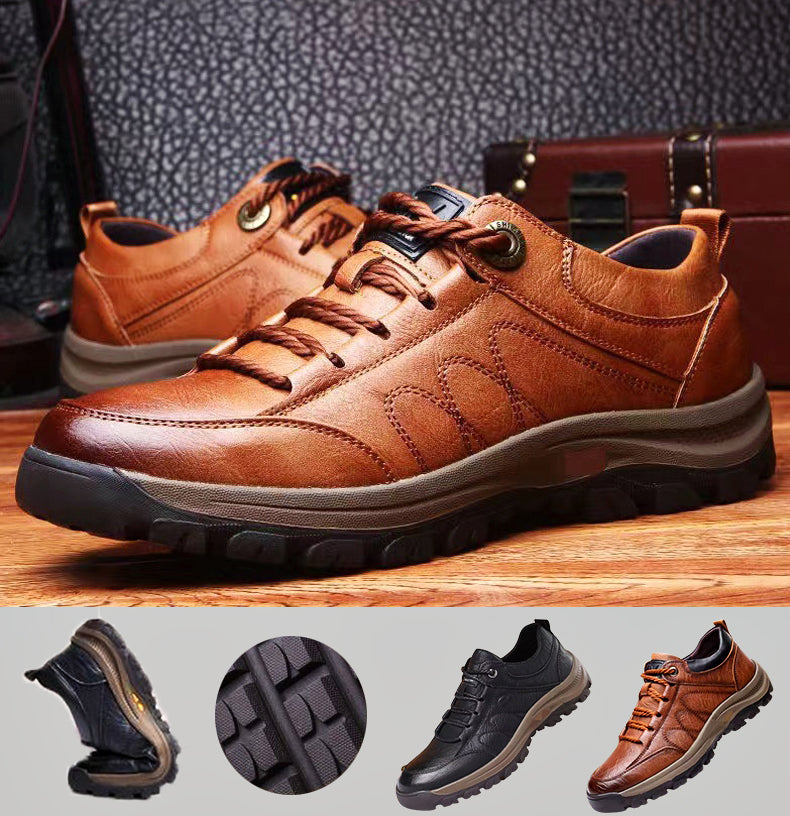 Herren-Lederschuhe in Braun, rutschfeste Sohle, ideal für Outdoor-Aktivitäten. Stilvoll, langlebig, bequem. Perfekt für Freizeit und Abenteuer.