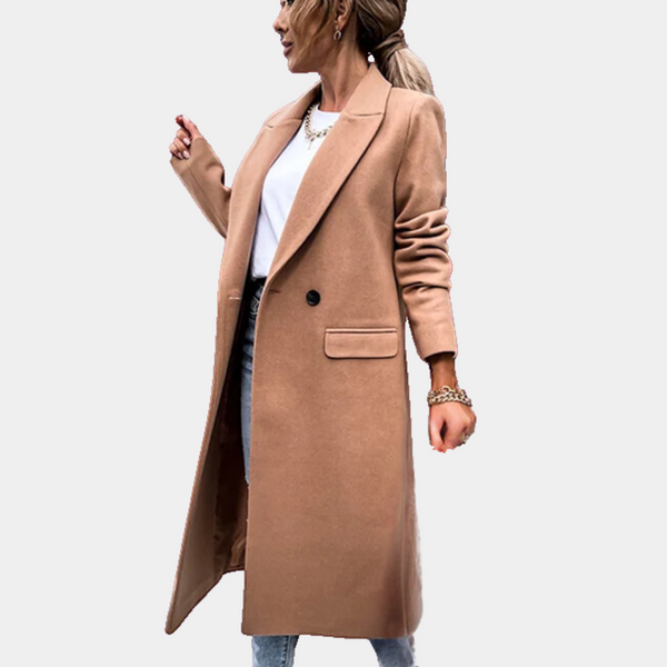 Eleganter Damen-Wollmantel in Beige, knielang, mit Reverskragen und Ein-Knopf-Verschluss. Perfekt für Herbstmode und stilvolle Outfits.