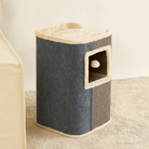 Katzenhaus aus grauem Stoff mit beigem Plüsch, rechteckig, mit Spielzeug, ideal für Katzen.