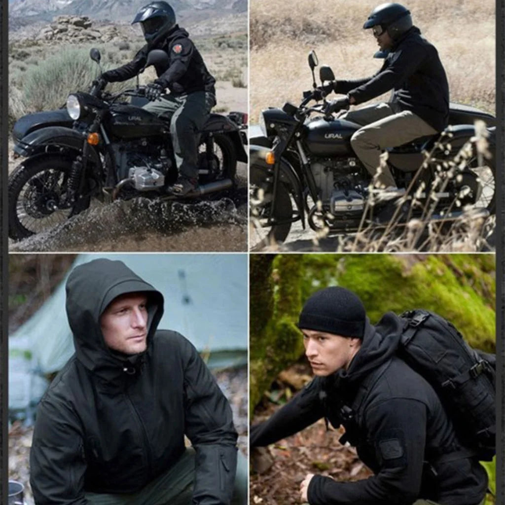 Motorrad Ural mit Beiwagen im Gelände, Fahrer in Outdoor-Kleidung. Abenteuer, Offroad, Motorradfahren, Natur, Outdoor-Ausrüstung.