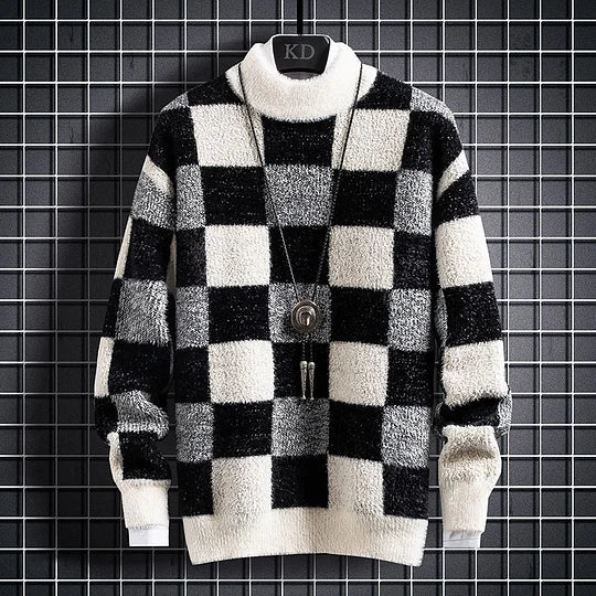 Schwarz-weiß karierter Pullover, weiches Material, Rollkragen, modisches Design, ideal für Herbst und Winter, trendige Herrenmode.