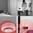 Frau in weißem Kleid im Schlafzimmer, Überwachungskamera, Sicherheitssystem, moderne Technologie.