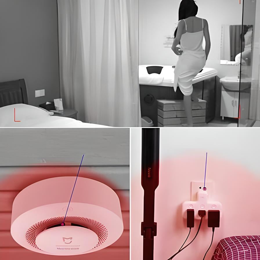Frau in weißem Kleid im Schlafzimmer, Überwachungskamera, Sicherheitssystem, moderne Technologie.