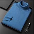 Blauer Rollkragenpullover aus Kaschmir in Geschenkbox, luxuriös und stilvoll. Perfekt für Herrenmode, Wintermode, elegantes Design.