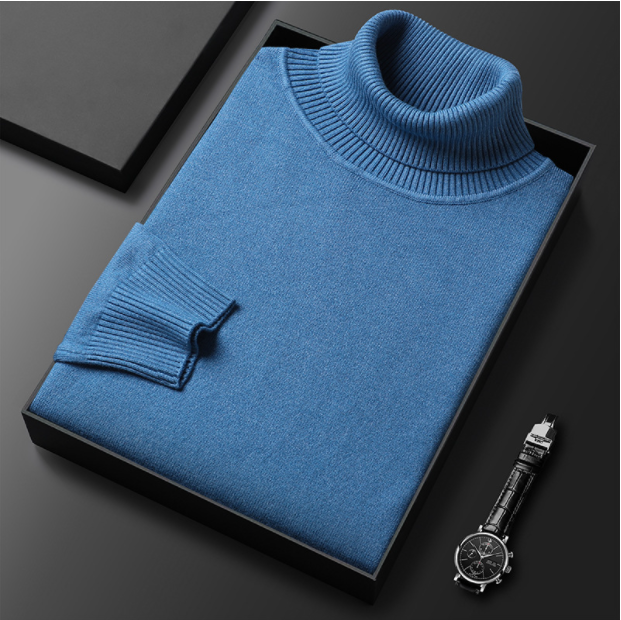 Blauer Rollkragenpullover aus Kaschmir in Geschenkbox, luxuriös und stilvoll. Perfekt für Herrenmode, Wintermode, elegantes Design.