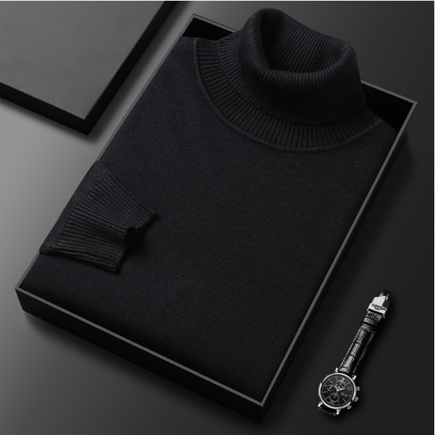 Schwarzer Rollkragenpullover aus feiner Wolle, elegant gefaltet in Geschenkbox, neben stilvoller Armbanduhr. Perfekt für Herrenmode und Wintertrends.