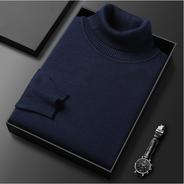 Dunkelblauer Rollkragenpullover in Geschenkbox, luxuriöses Design, hochwertige Strickware, ideal für stilvolle Herrenmode, elegant und zeitlos.