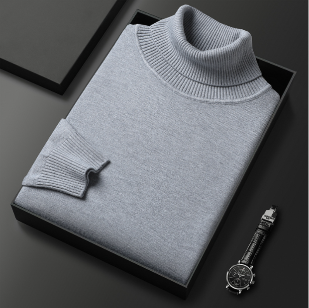 Grauer Rollkragenpullover aus Kaschmir in Geschenkbox, luxuriös und stilvoll. Perfekt für Herrenmode, Wintermode, elegantes Design.