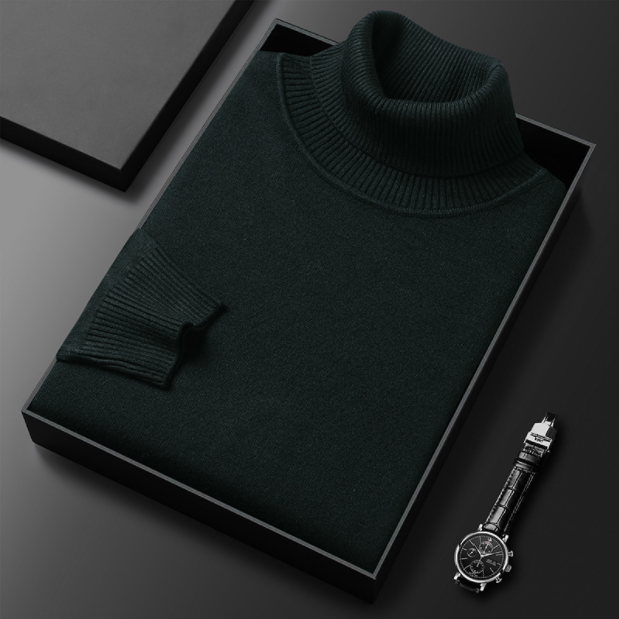 Schwarzer Rollkragenpullover aus Kaschmir in Geschenkbox, luxuriös und elegant. Perfekt für stilvolle Herrenmode. Hochwertige Winterbekleidung.