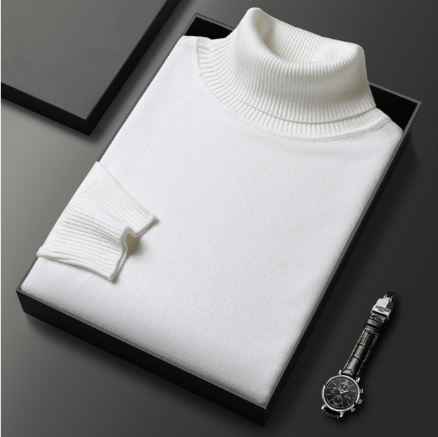 Eleganter weißer Rollkragenpullover aus Baumwolle, stilvoll gefaltet in schwarzer Box, neben einer klassischen Armbanduhr. Perfekt für Herrenmode.