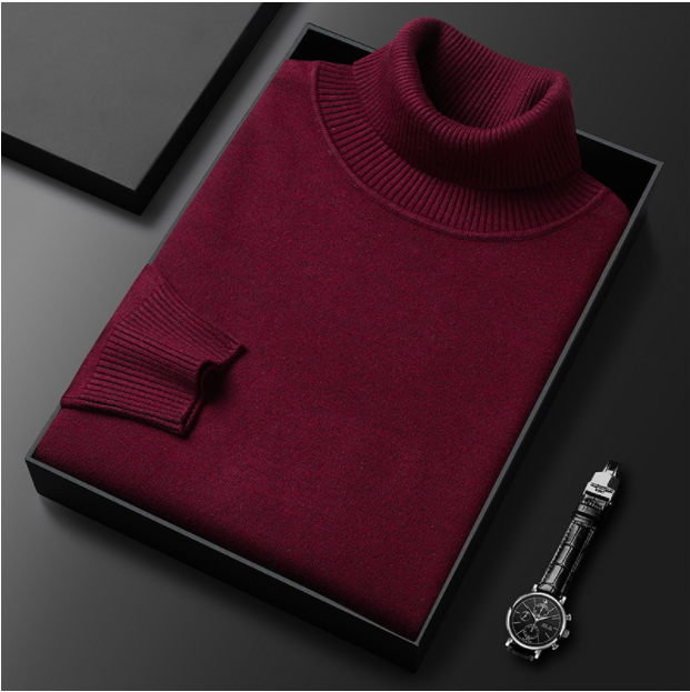 Bordeauxfarbener Rollkragenpullover aus Kaschmir, elegant gefaltet in schwarzer Geschenkbox. Perfekt für stilvolle Wintermode und luxuriöse Geschenke.