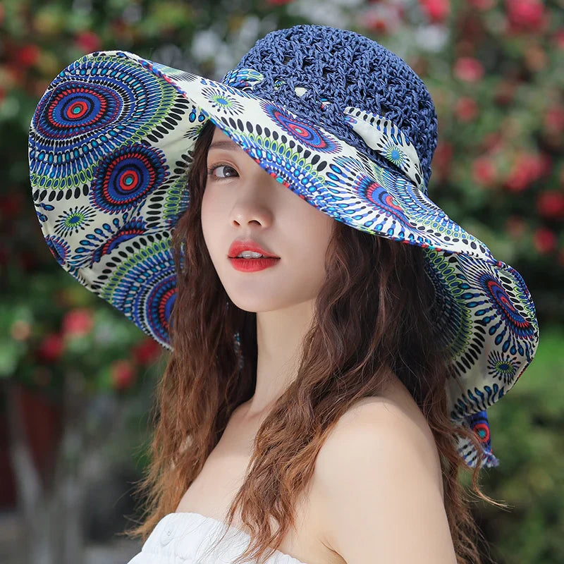 Farbiger Sommer-Strohhut für Damen, ideal für Strand und UV-Schutz. Modischer Eimerhut mit auffälligem Muster, perfekt für sonnige Tage.