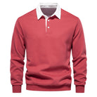 Herren-Pullover mit Polo-Kragen in Rot, Herbstmode 2023. Hochwertiges Baumwoll-Sweatshirt, ideal für Casual- und Business-Looks.