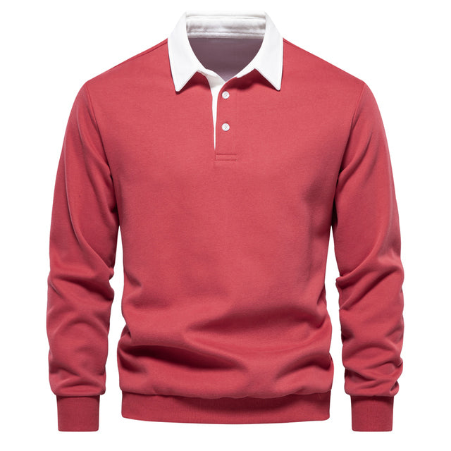 Rotes Herren-Polo-Sweatshirt mit weißem Kragen, ideal für Herbstmode. Hochwertige Baumwolle, lässig und stilvoll. Perfekt für soziale Anlässe.