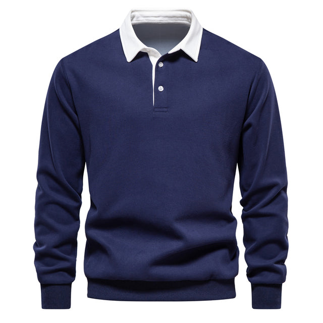 Herren-Pullover mit Polo-Kragen in Dunkelblau, ideal für Herbstmode. Hochwertige Baumwolle, perfekt für lässige und soziale Anlässe.