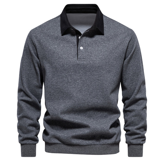 Graues Polo-Sweatshirt für Herren, Herbstmode 2023, aus hochwertiger Baumwolle. Ideal für Casual- und soziale Anlässe.