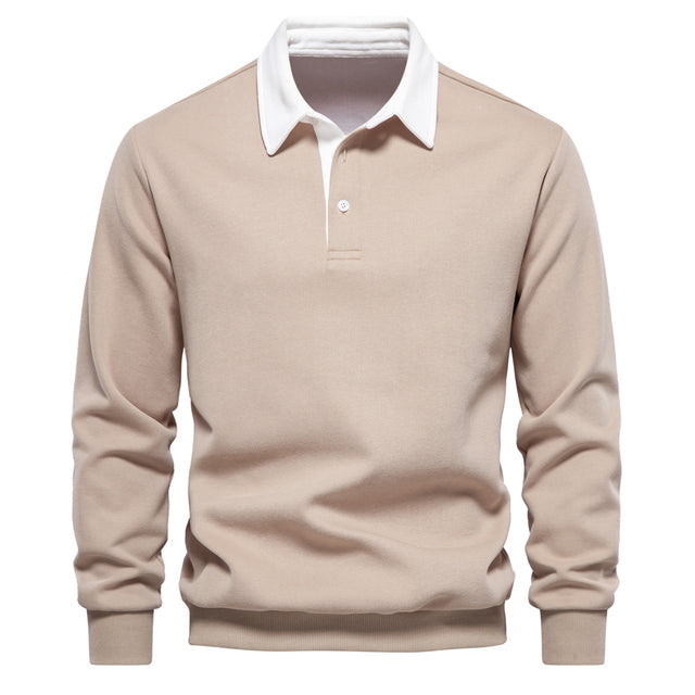 Beiges Polo-Sweatshirt für Herren, Herbstmode 2023, aus hochwertiger Baumwolle. Ideal für Casual- und Business-Looks. Elegantes Design.