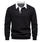 Schwarzes Polo-Sweatshirt für Herren mit weißem Kragen, ideal für Herbstmode. Hochwertige Baumwolle, lässig und stilvoll.