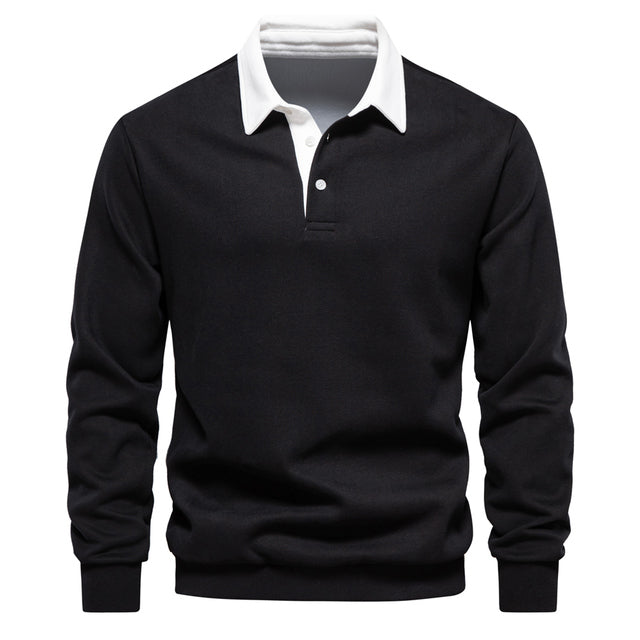 Schwarzes Polo-Sweatshirt für Herren mit weißem Kragen, ideal für Herbstmode. Hochwertige Baumwolle, lässig und stilvoll.