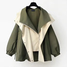 Damen-Trenchcoat in Olivgrün mit Reißverschluss, mittellang, koreanischer Stil. Perfekt für Frühling und Herbst. Modische Windjacke.