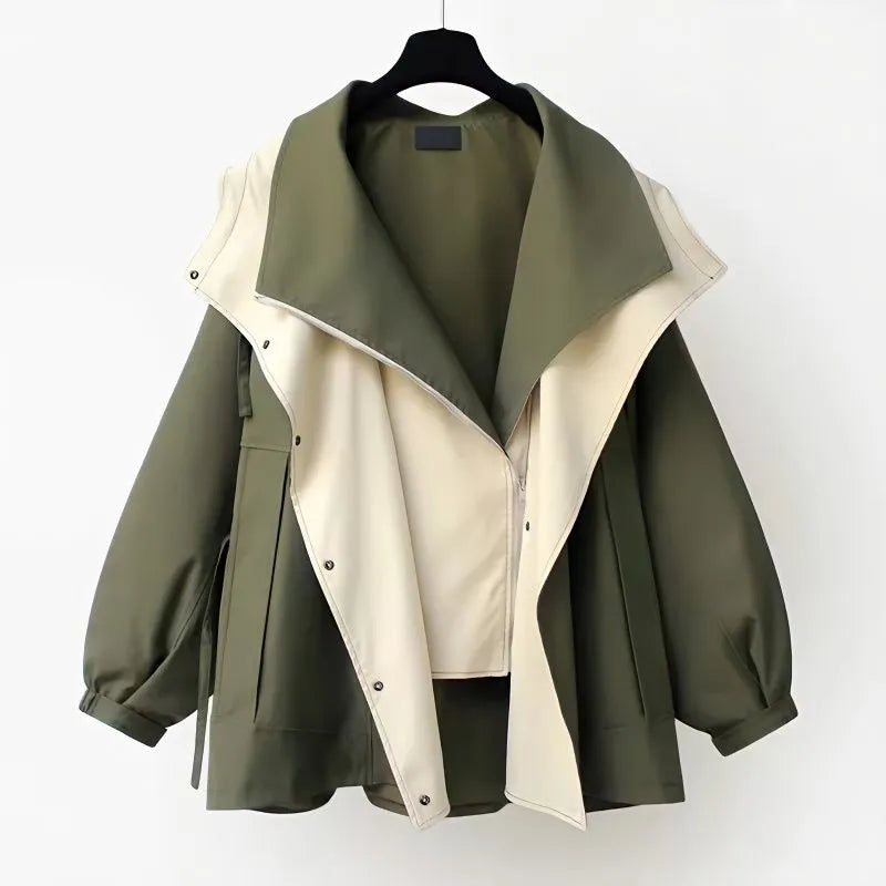 Damen-Trenchcoat in Olivgrün mit Reißverschluss, mittellang, koreanischer Stil. Perfekt für Frühling und Herbst. Modische Windjacke.