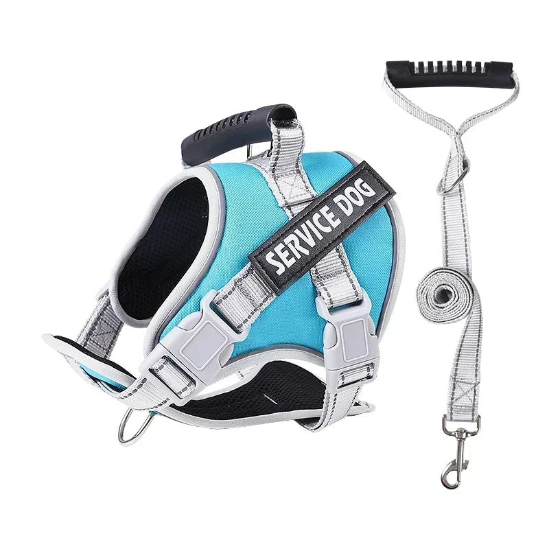Blaues Servicehundegeschirr mit verstellbaren Gurten und abnehmbarem Griff, ideal für Assistenzhunde. Hochwertiges Material, robust und komfortabel.